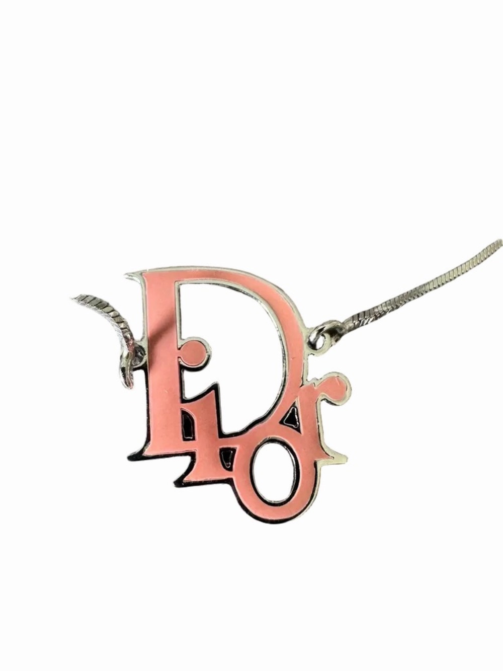 Dior Pink Enameled Logo Silver Necklace